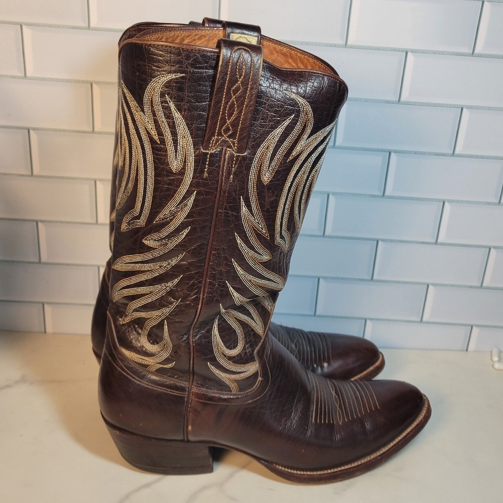 Nocona Mens Brown Leather Western Cowboy Boots Size 9.5 Stitched Pointed Toe